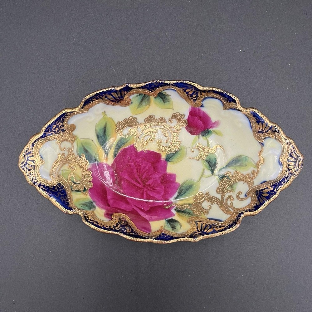 Antique Porcelain Bowl Moriage Cobalt Blue Chrysanthemum Pattern Home Decor